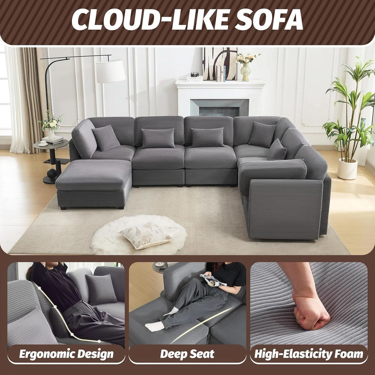 125Inch Oversized Corduroy Cloud Sleeper Grey Sofa by ShipItFurniture