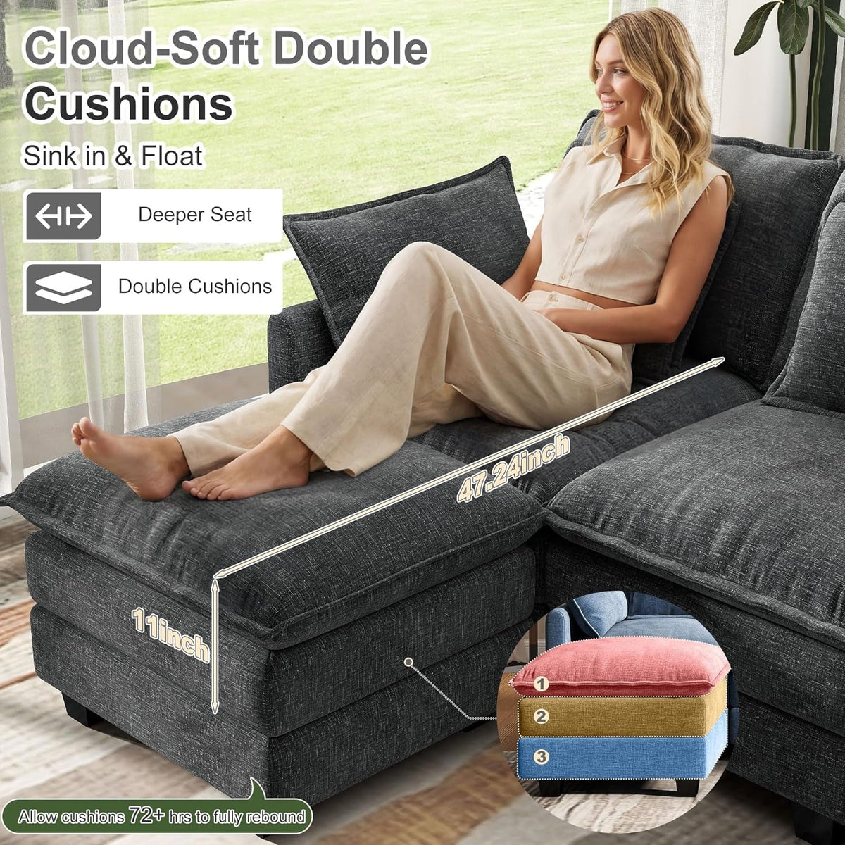 107 Inch Cloud U Shaped Sofa Grey Removable Pillow Covers by ShipItFurniture