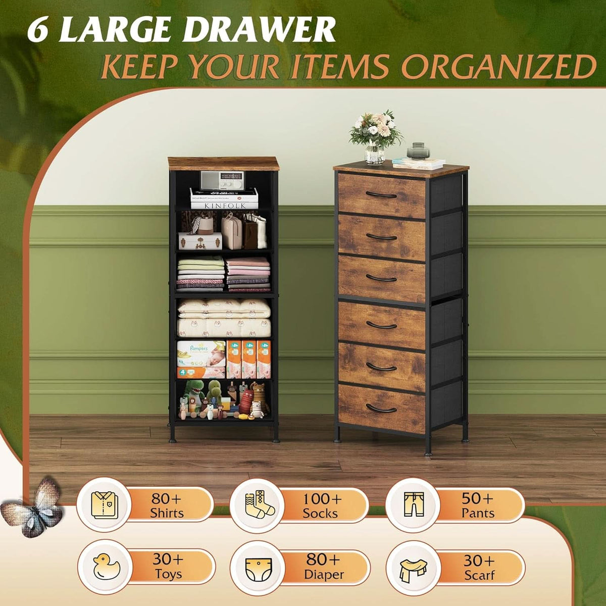 Tall Fabric Dresser With 6 Drawers And Wood Top Rustic Brown by ShipItFurniture