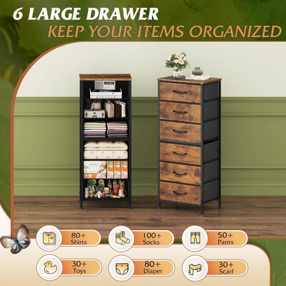 Tall Fabric Dresser With 6 Drawers And Wood Top Rustic Brown by ShipItFurniture