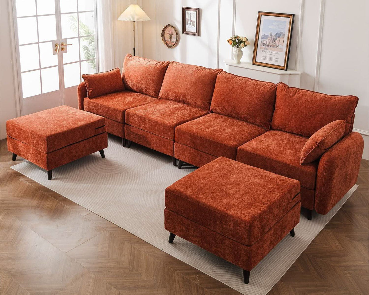 Velvet Orange 135 Modular Sectional Sofa Storage Ottoman by ShipItFurniture