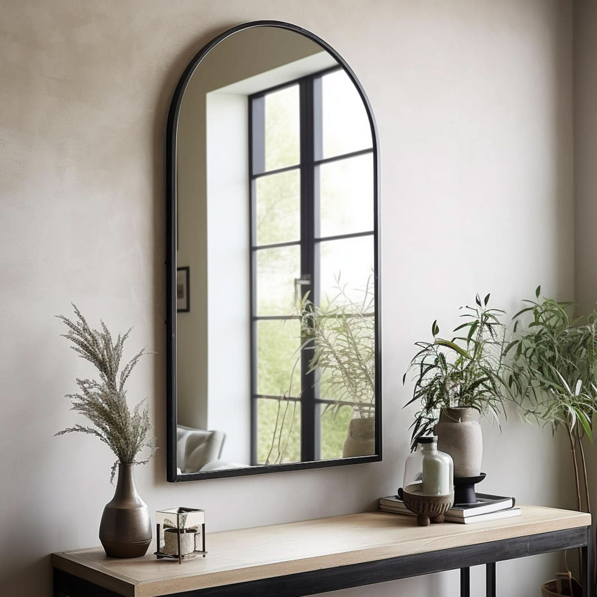 Black Arched Wall Mirror 42x24 Inches With Iron Frame by ShipItFurniture