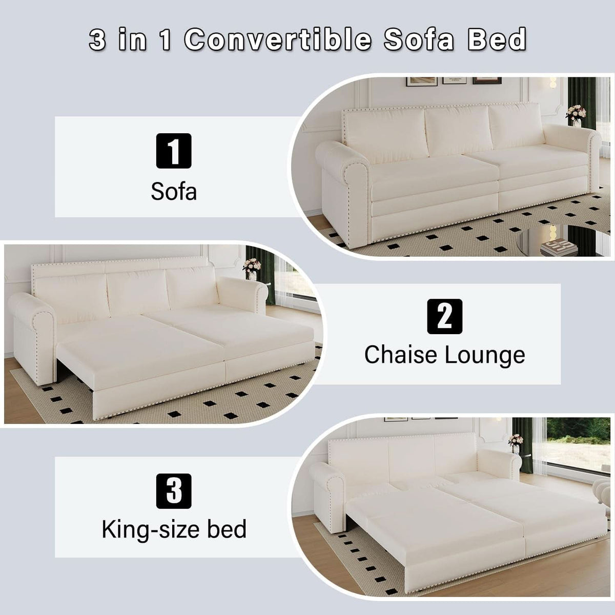 King Size Multifunctional Sleeper Sofa Beige Velvet by ShipItFurniture