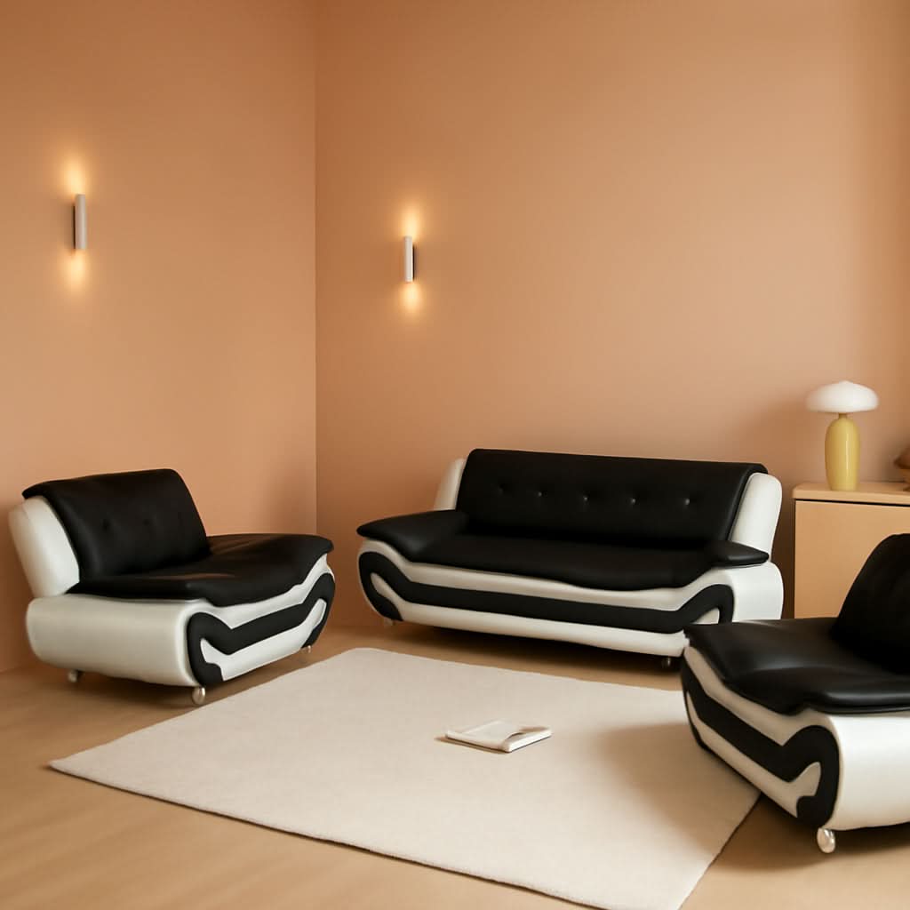 Vegan Leather Sofa Set 3 Piece Living Room Furniture White and Black by ShipItFurniture