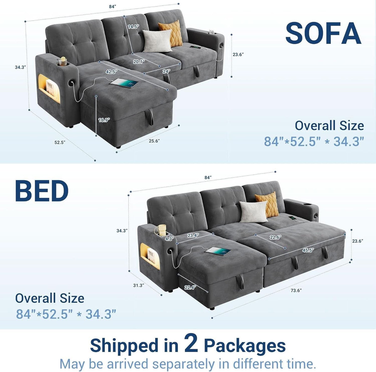 84 Inch Sleeper Sofa Bed Dark Grey Velvet With LED Storage by ShipItFurniture