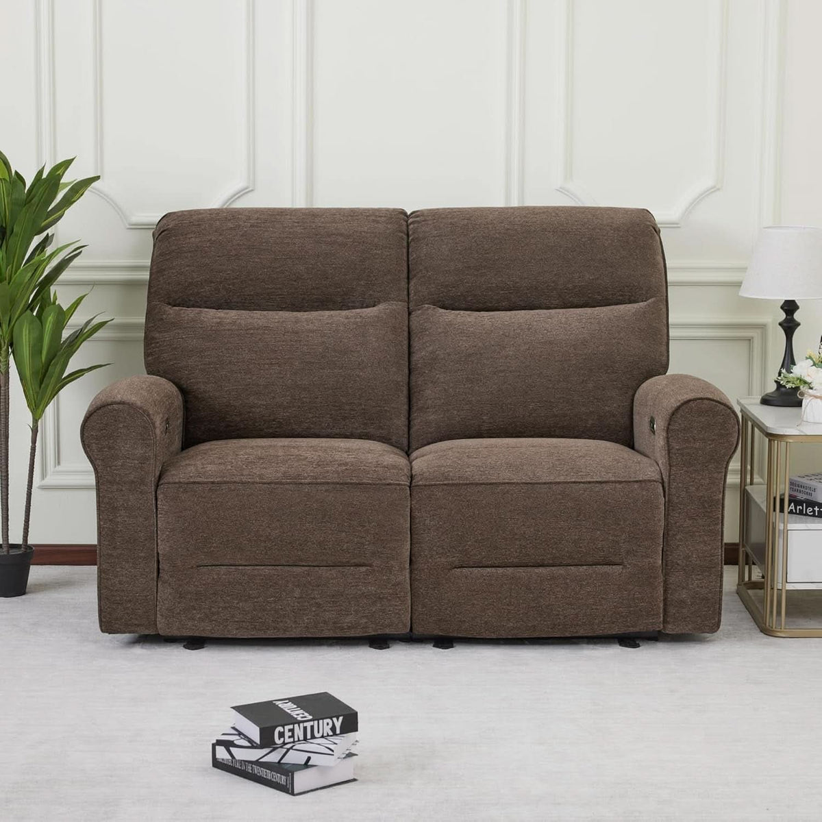 Fabric 64.6 Inch Dark Brown Wall Hugger Power Recliner Loveseat by ShipItFurniture