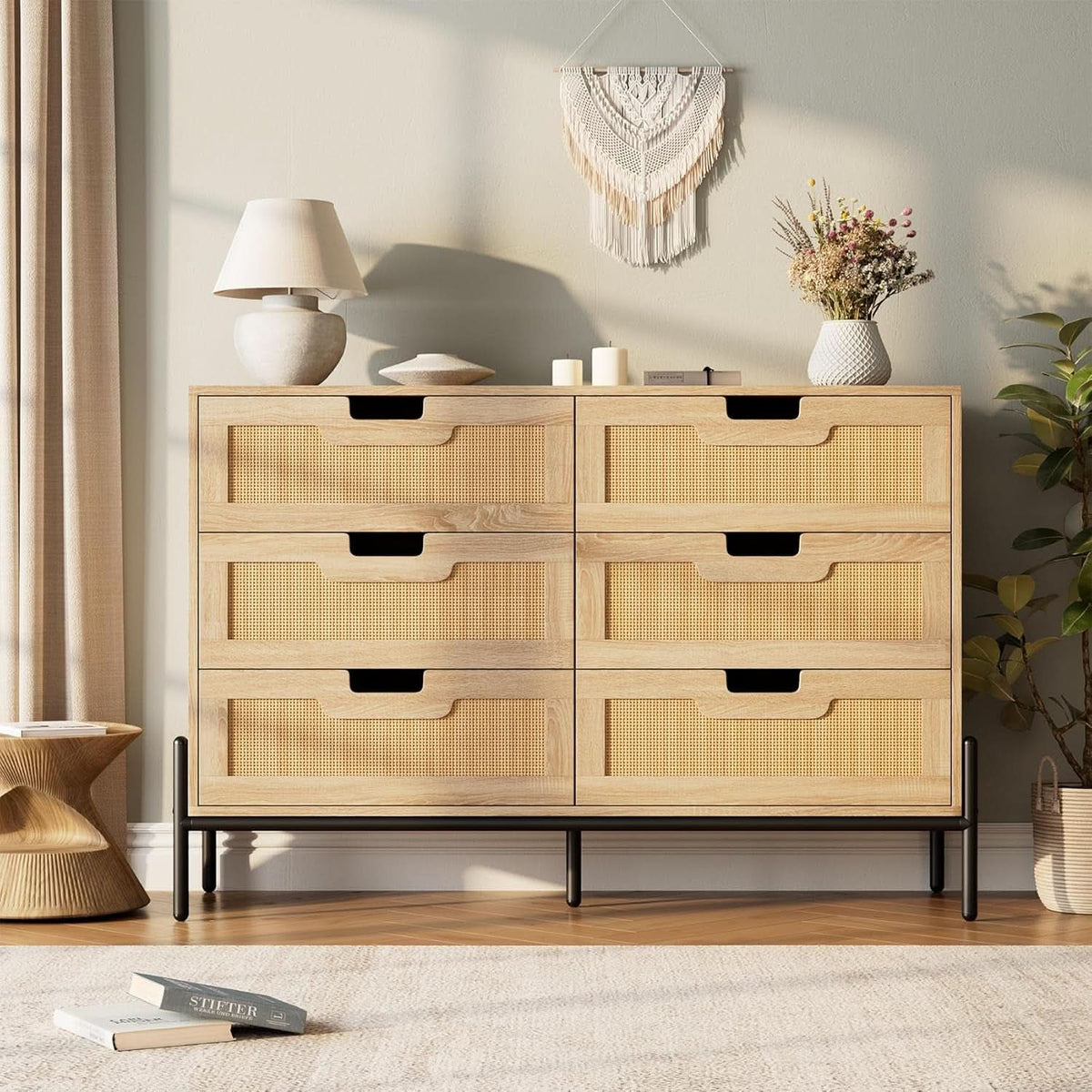 Rattan Open work Braided Chest Of Six Drawers Walnut Finish by ShipItFurniture