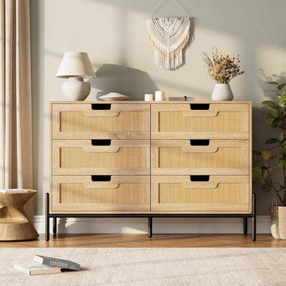 Rattan Open work Braided Chest Of Six Drawers Walnut Finish by ShipItFurniture