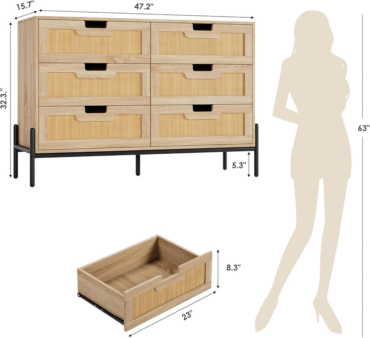 Rattan Open work Braided Chest Of Six Drawers Walnut Finish by ShipItFurniture