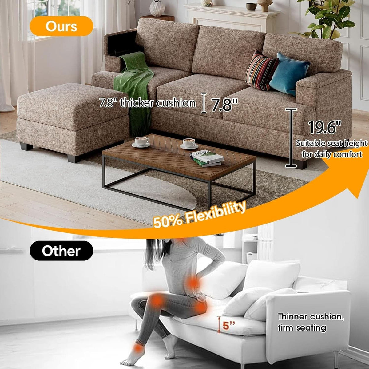 85 Inch L Shaped Couch Armrest Organizer Movable Ottoman by ShipItFurniture