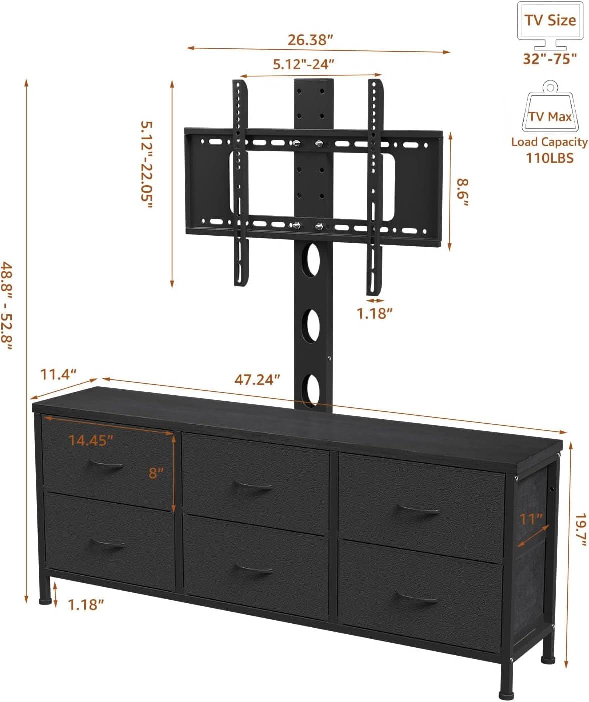 Black TV Entertainment Stand With Adjustable Mount by ShipItFurniture