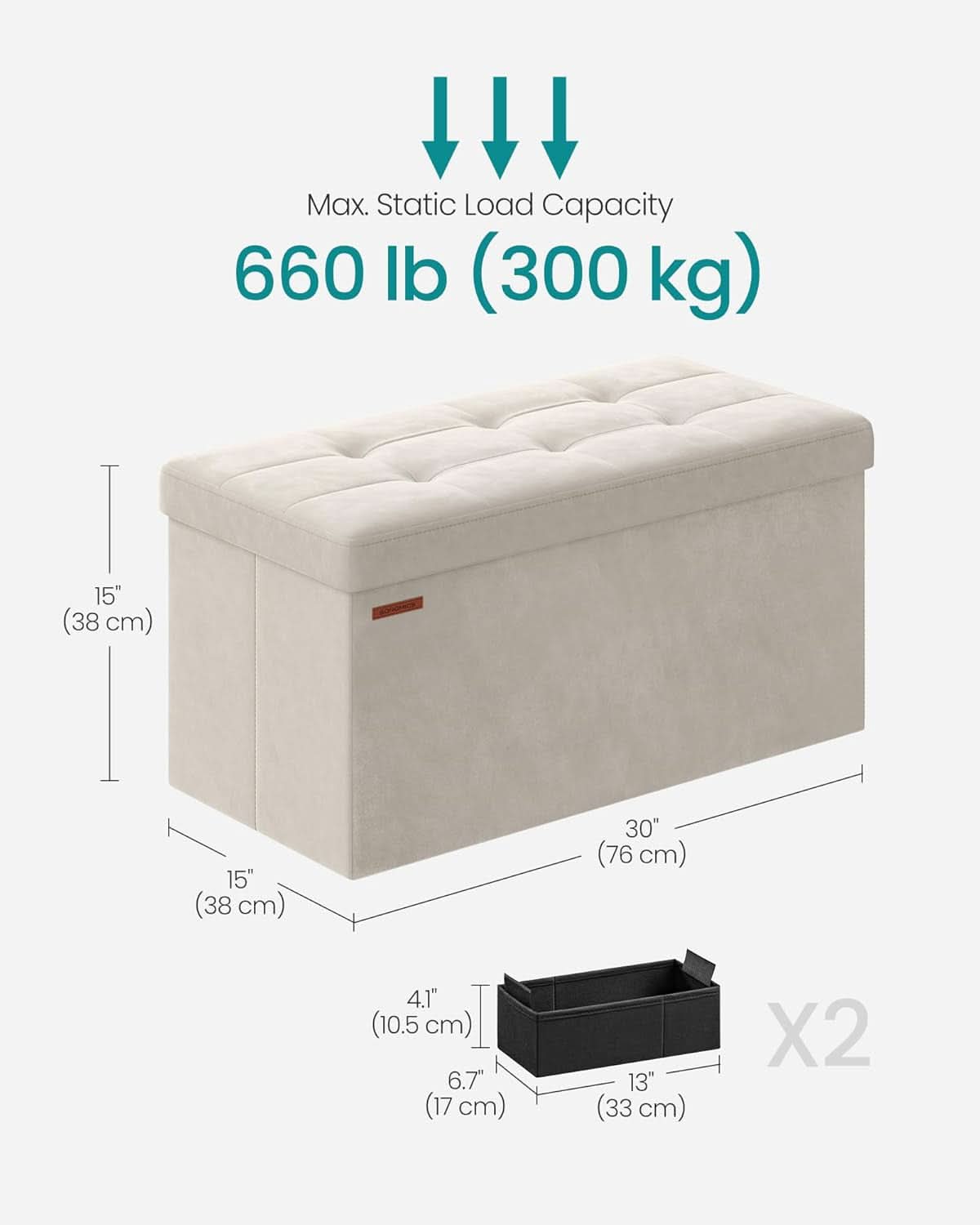 Cream White Foldable Storage Ottoman Bench 15x30x15 by ShipItFurniture
