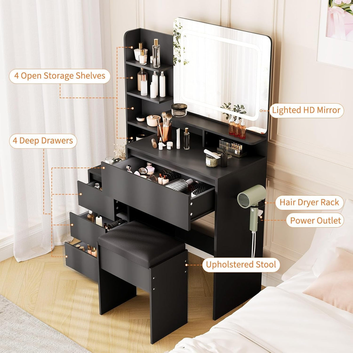 36 Inch Customizable Illuminated Vanity Desk Mirror by ShipItFurniture