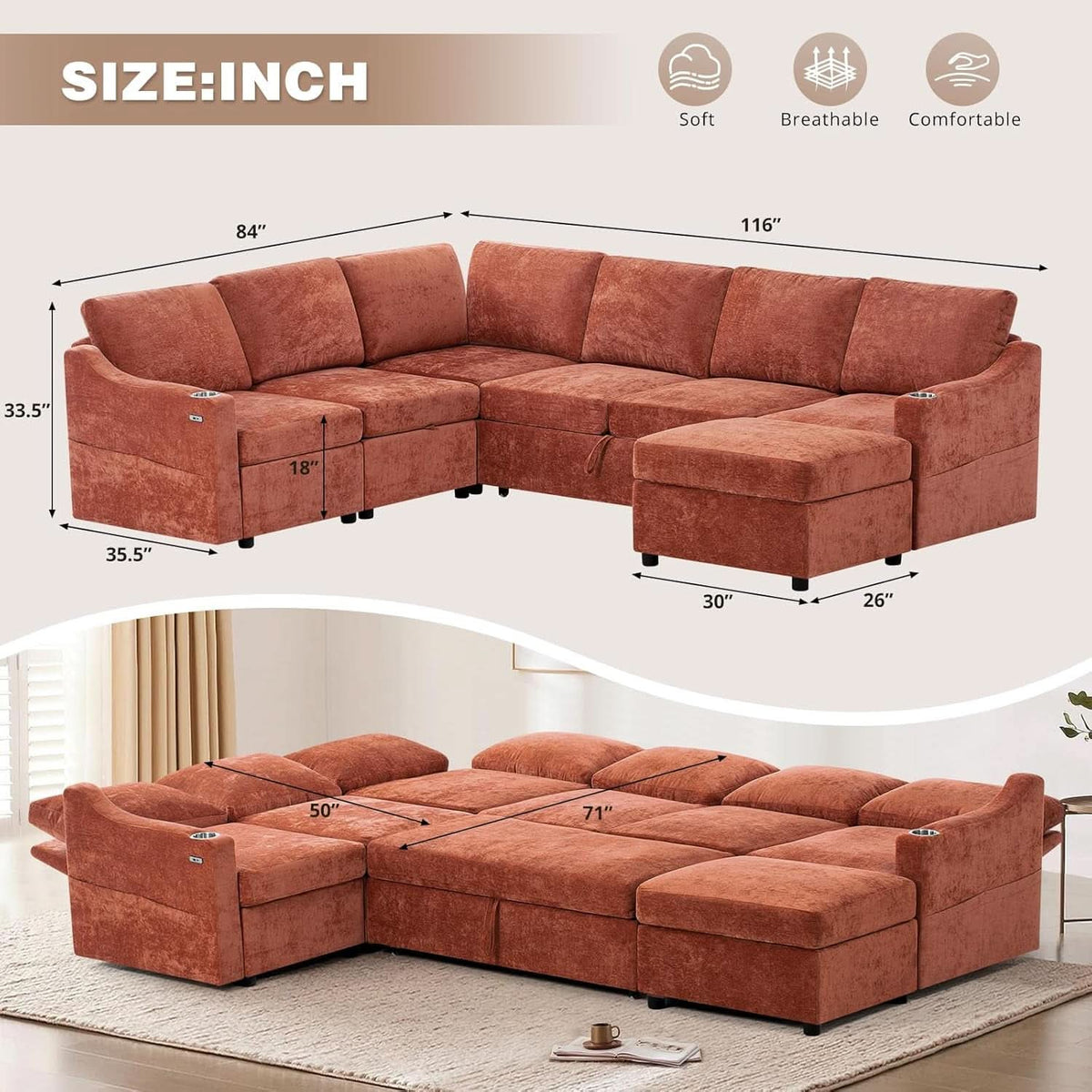 116Inch Orange Chenille Fabric Modular Sleeper Sofa USB by ShipItFurniture