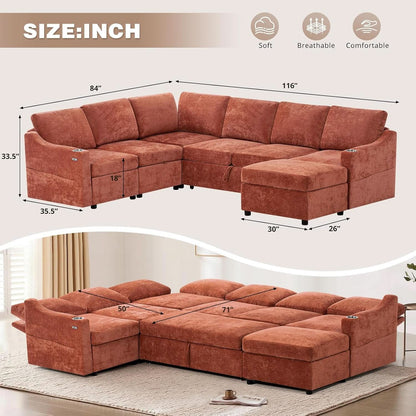 116Inch Orange Chenille Fabric Modular Sleeper Sofa USB by ShipItFurniture