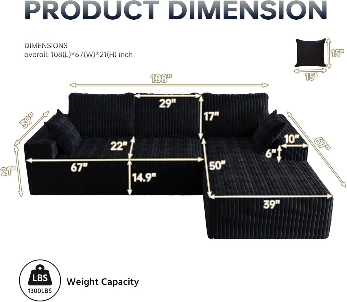 108 Inch Ultra Modular Sectional Sofa Cloud Memory Foam by ShipItFurniture