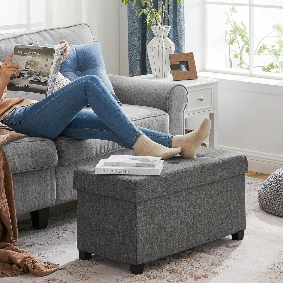 Slate Gray Storage Ottoman Bench 15x30x15.2 Inches by ShipItFurniture