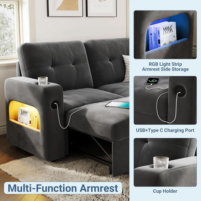 84 Inch Sleeper Sofa Bed Dark Grey Velvet With LED Storage by ShipItFurniture