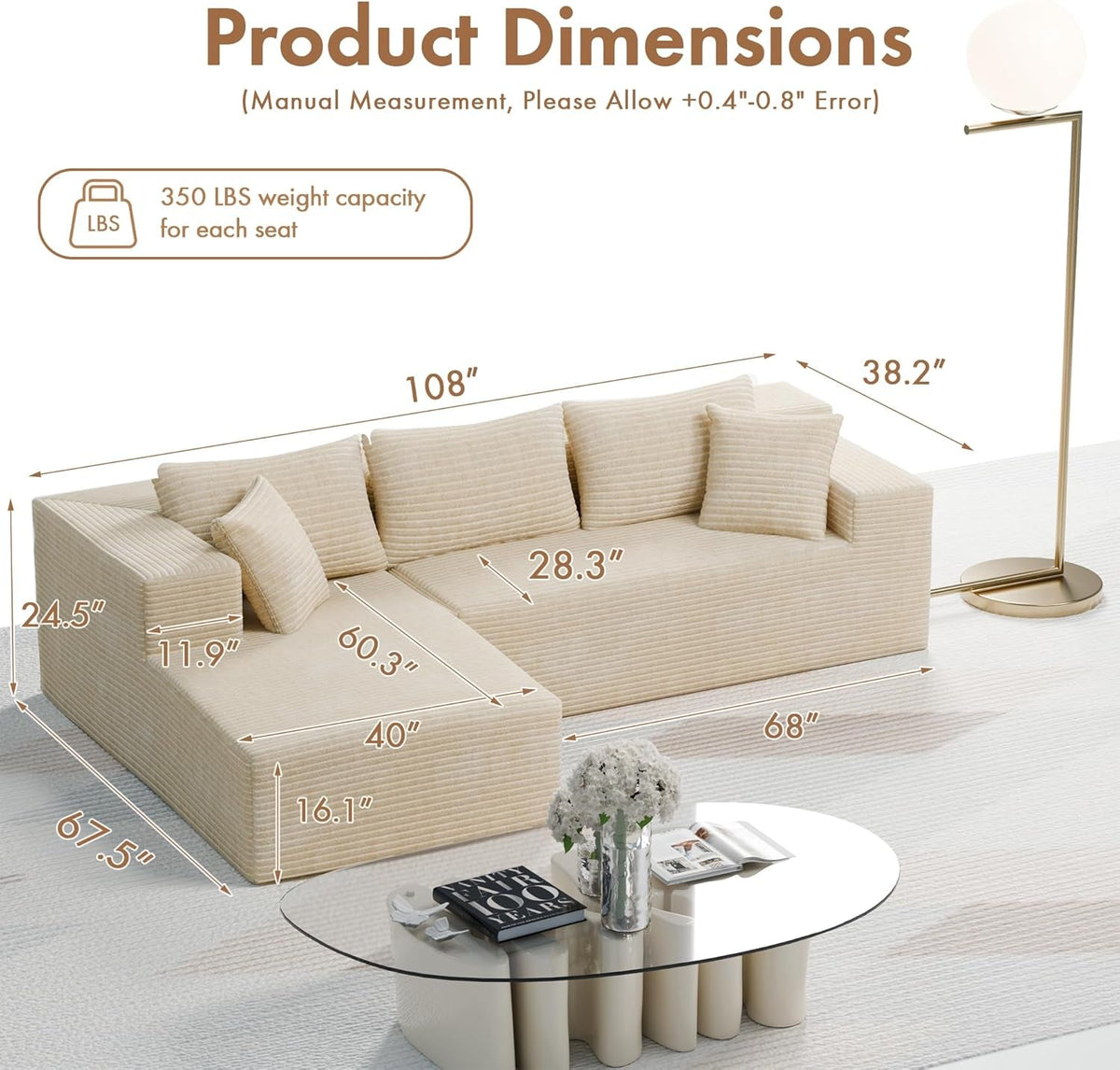 Beige 108 Inches Left Facing Chaise Lounge Sectional Sofa by ShipItFurniture