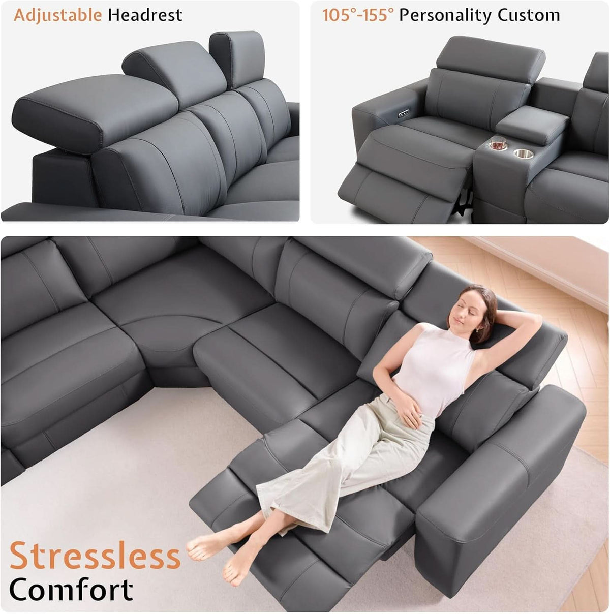 Grey Leather Power Recliner Sofa With Center Console by ShipItFurniture