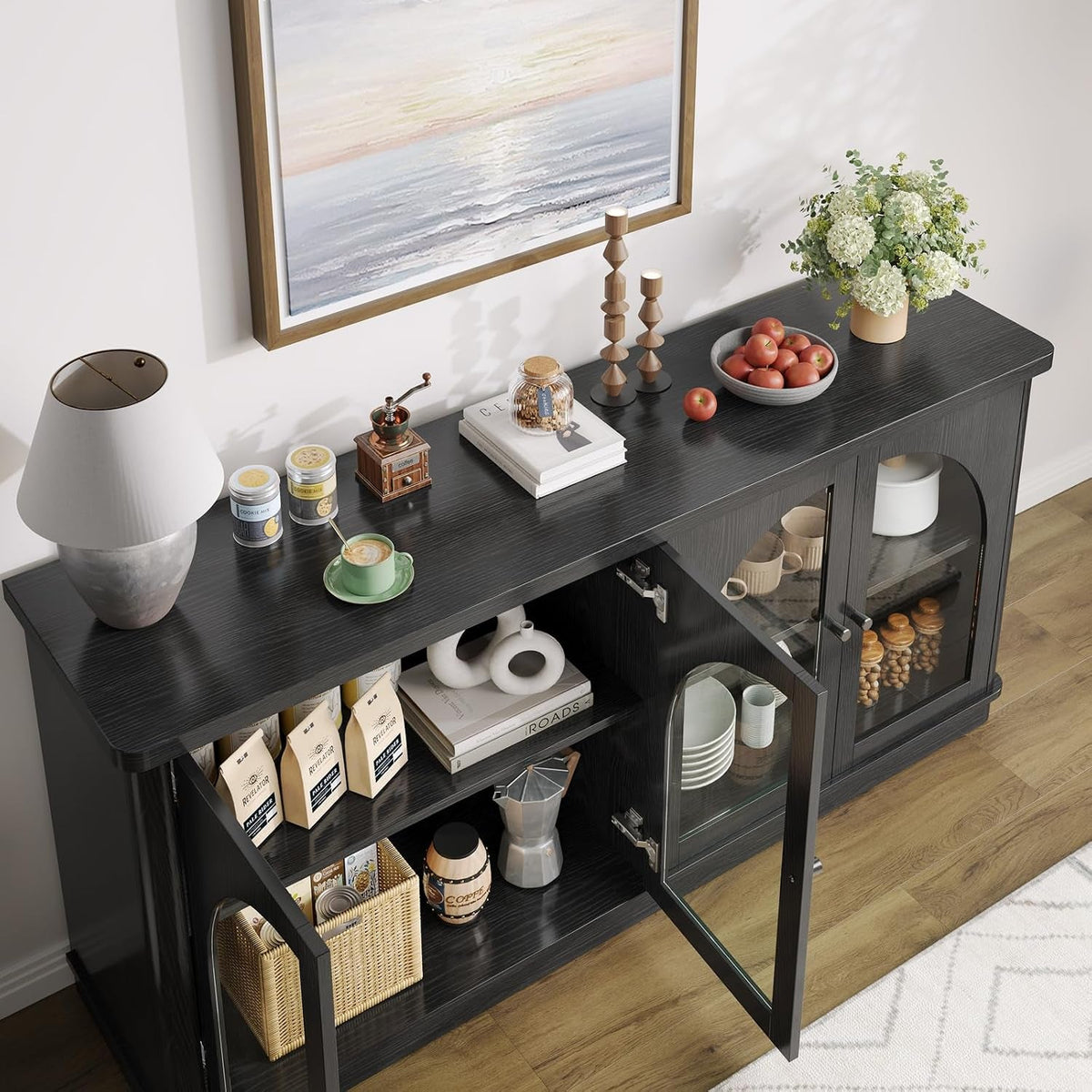 63Inch Black Sideboard Buffet Cabinet Glass Doors Modern by ShipItFurniture
