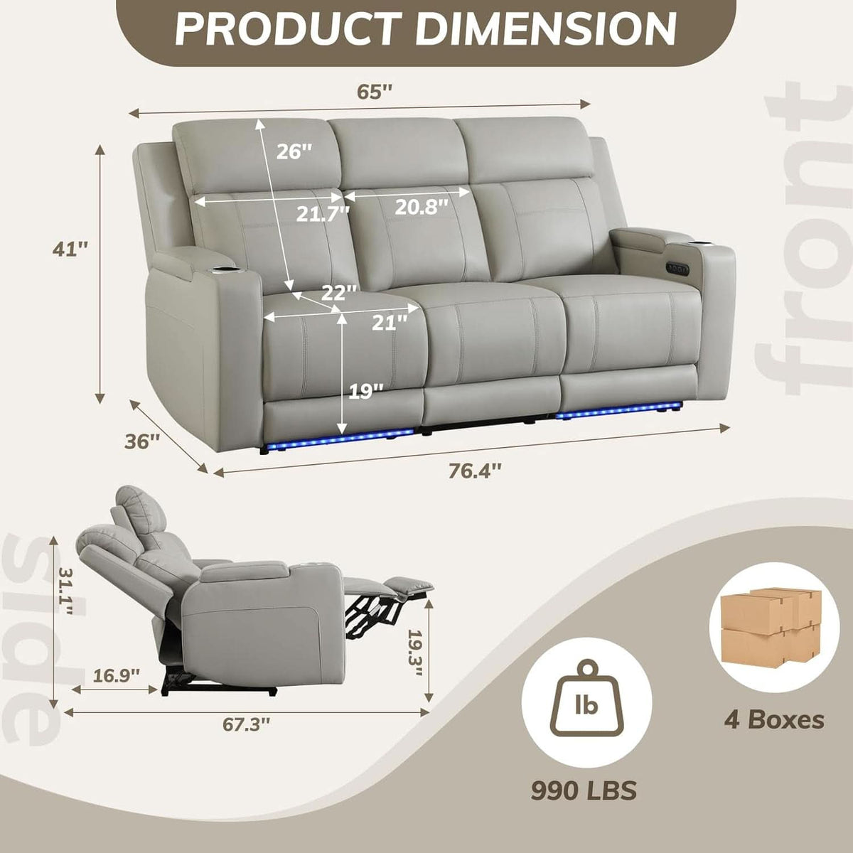 Power Recliner Sofa With Adjustable Headrest USB Charging by ShipItFurniture