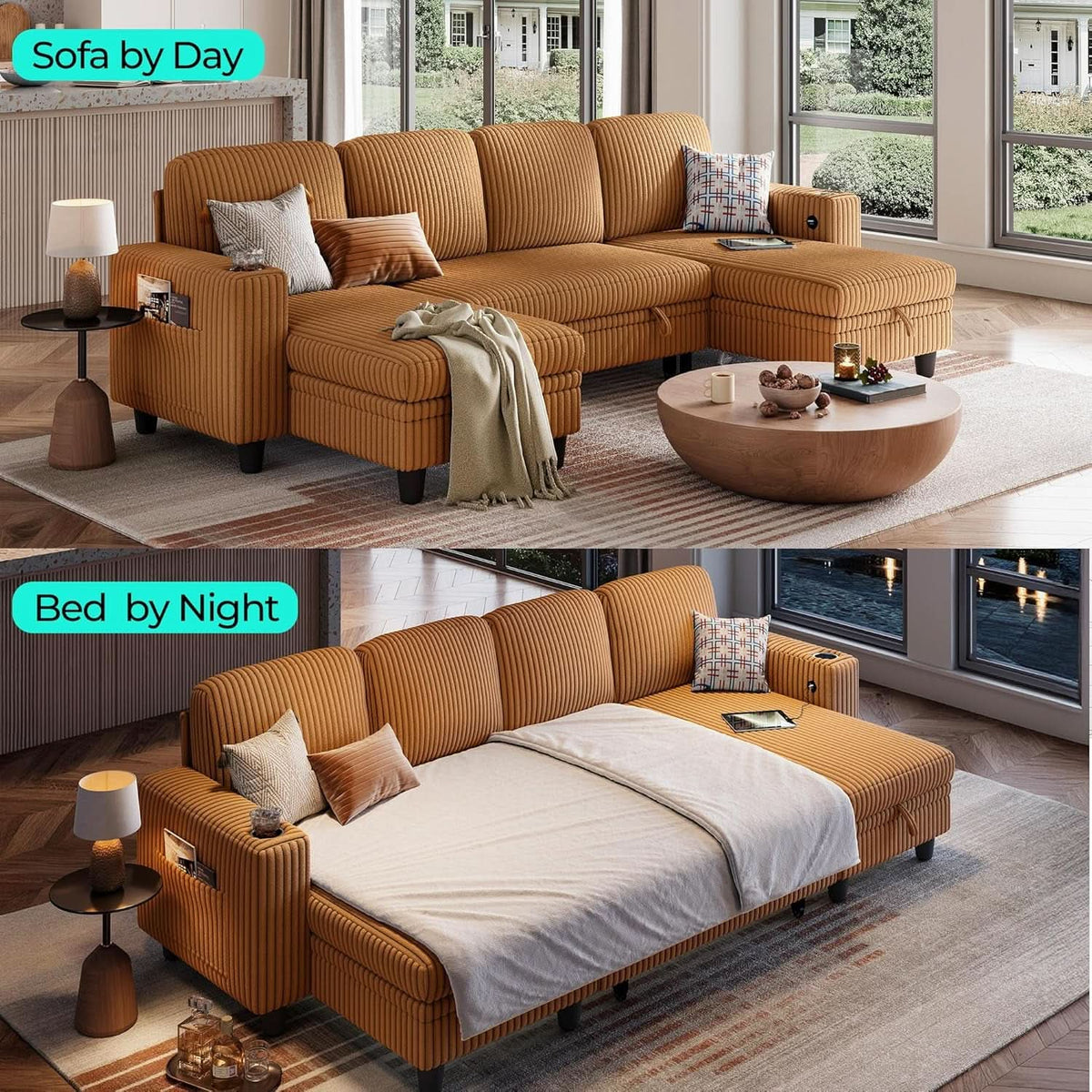 Brown UShaped Convertible Sectional Sofa Bed USBPort by ShipItFurniture