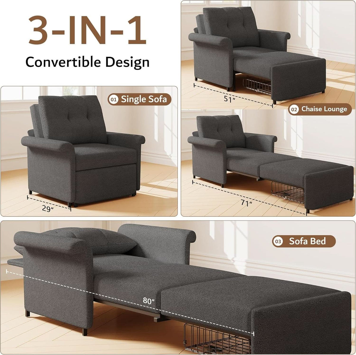 Dark Gray Lambswool Fabric Textured Sofa Bed Chair Storage by ShipItFurniture