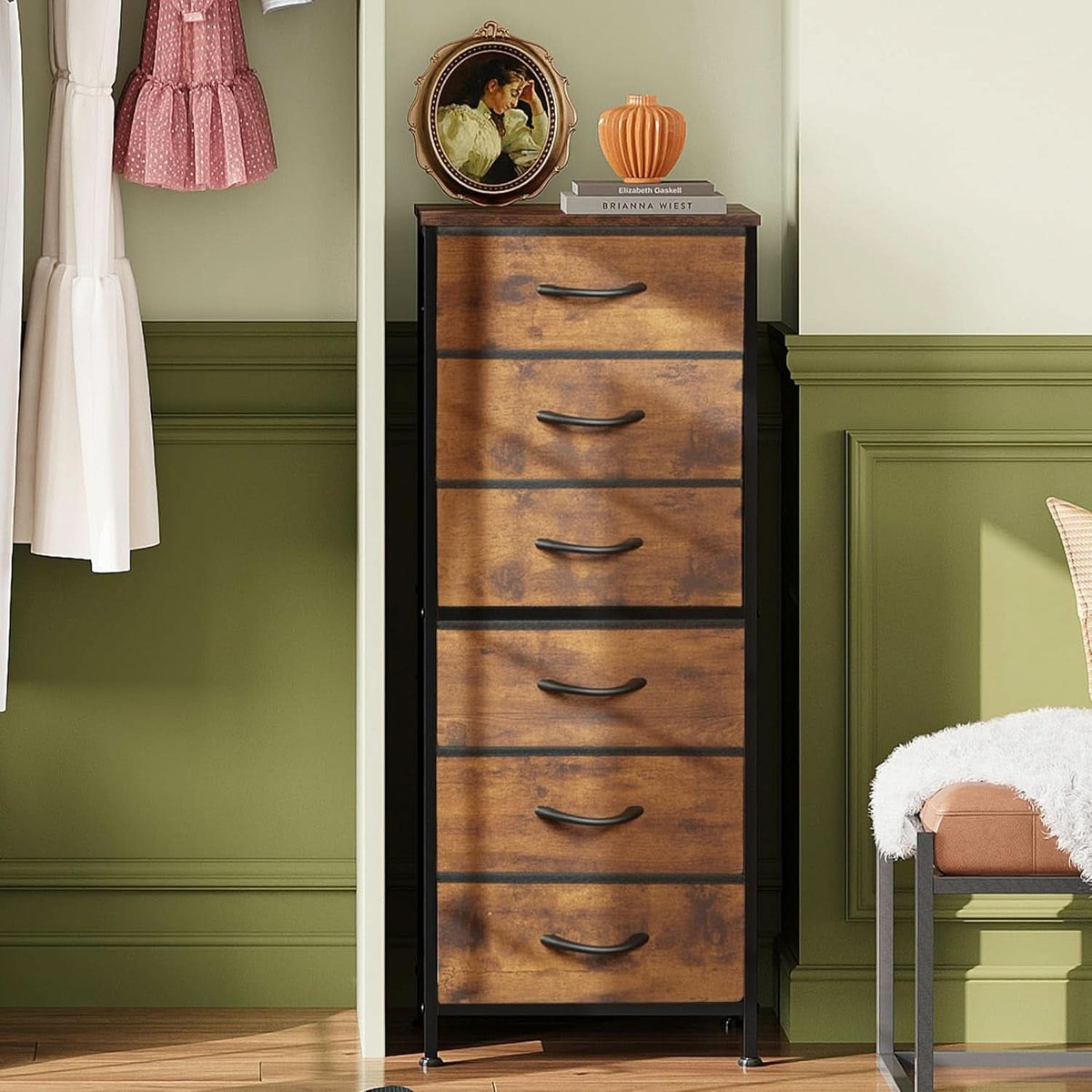 Tall Fabric Dresser With 6 Drawers And Wood Top Rustic Brown by ShipItFurniture