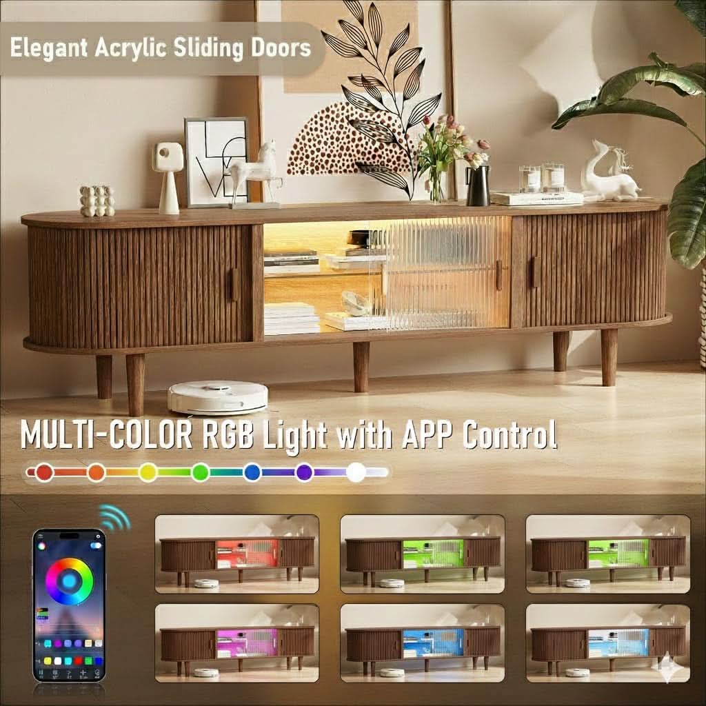70 Inch Walnut TV Entertainment Center With LED Lighting by ShipItFurniture