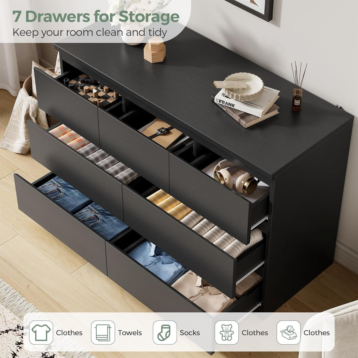 Black Seven Drawer Contemporary Wooden Dresser Bedroom by ShipItFurniture