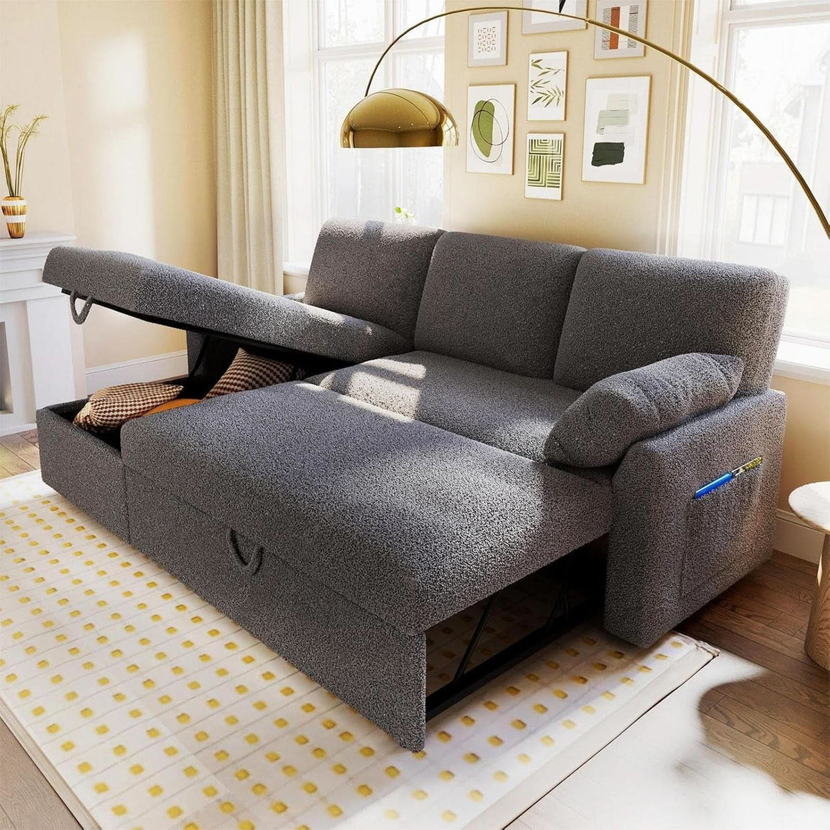 Grey Boucle Upholstered Convertible Sofa Bed Storage by ShipItFurniture