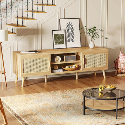 65 Inch Boho TV Stand With Rattan Entertainment Center by ShipItFurniture