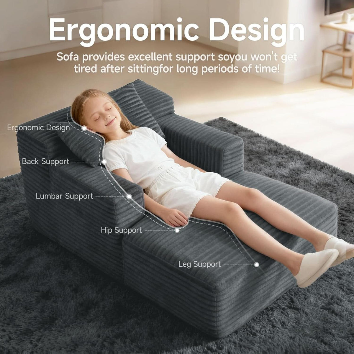 Compact 46-Inch Dark Grey Corduroy Chaise Lounge by ShipItFurniture