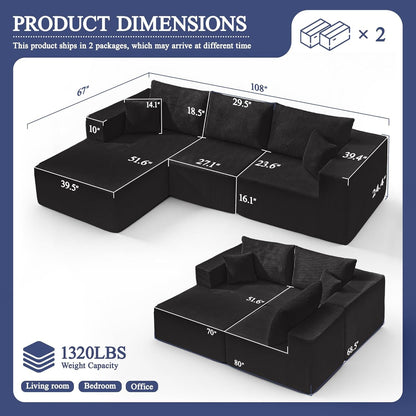 Luxurious Corduroy 108 Inch L Shaped Sofa Memory Foam by ShipItFurniture