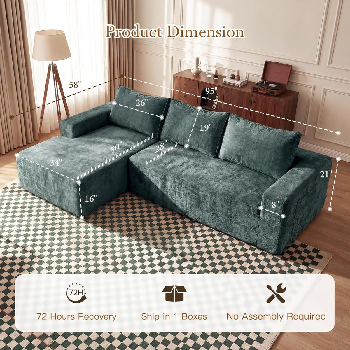95 Inch Luxurious Sectional Sofa Memory Foam Cushions by ShipItFurniture