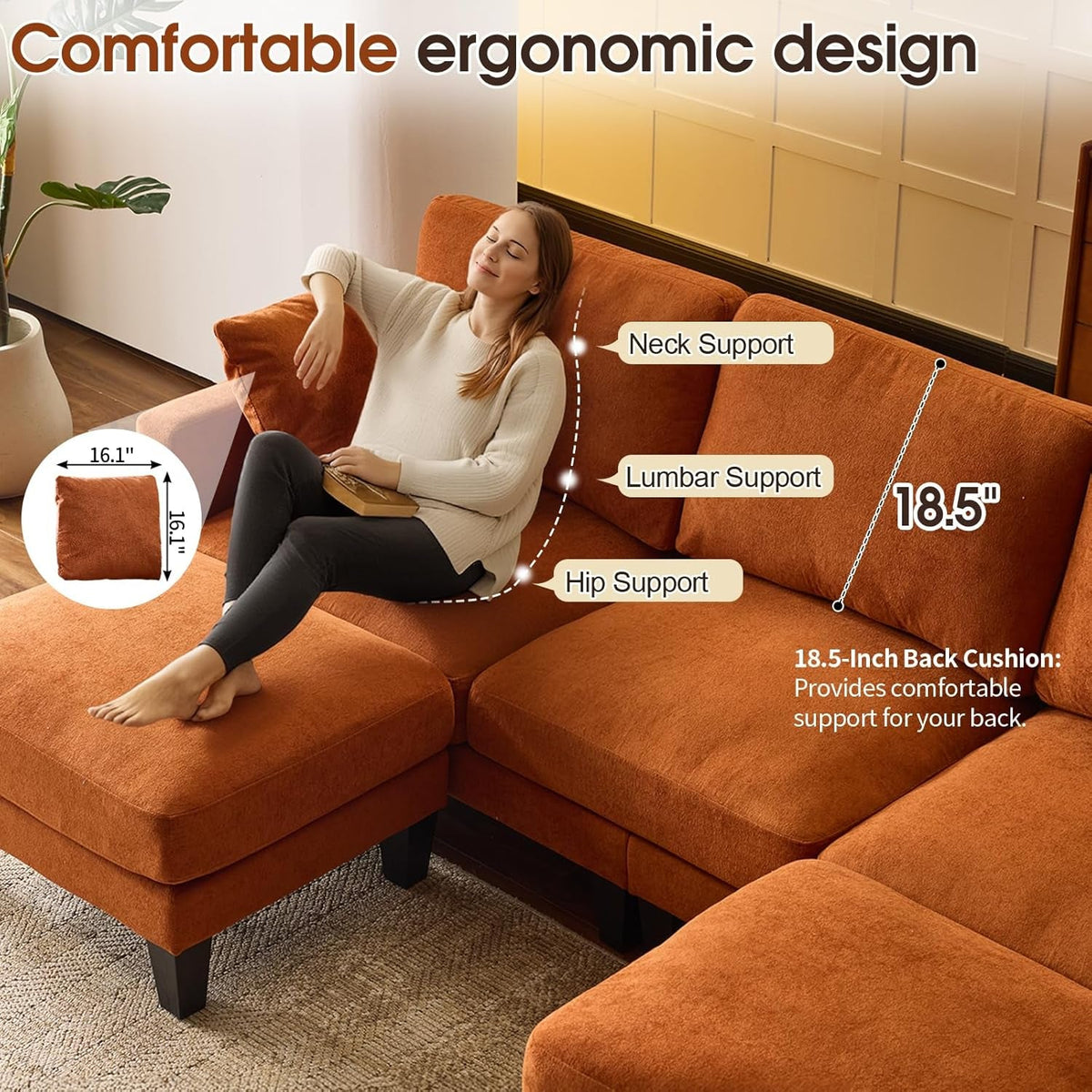One HundredInch U Shaped Sofa Plush Chenille Ottoman Orange by ShipItFurniture