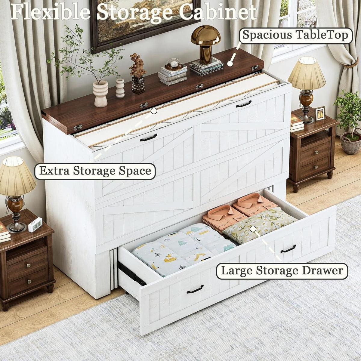 Queen Murphy Bed Frame Integrated Charging Station White by ShipItFurniture