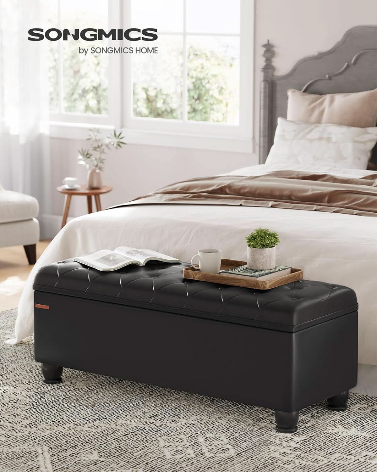 Executive Black Leather Storage Ottoman Bench 46 Inches by ShipItFurniture