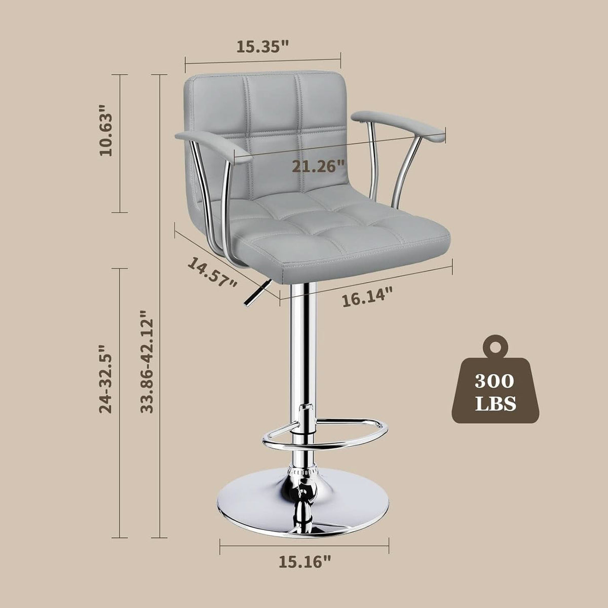 Counter Height Bar Stools Set 2 Armrest Swivel Leather Grey by ShipItFurniture