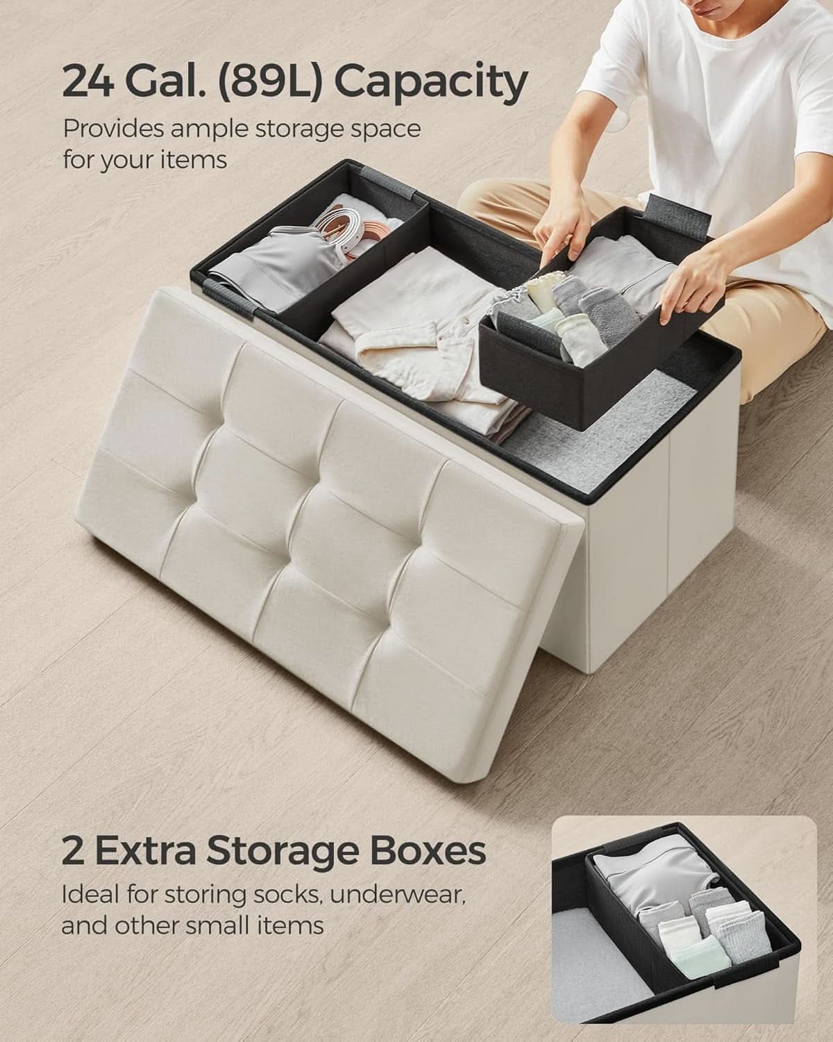 Cream White Foldable Storage Ottoman Bench 15x30x15 by ShipItFurniture