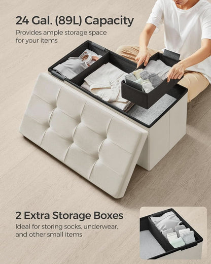 Cream White Foldable Storage Ottoman Bench 15x30x15 by ShipItFurniture