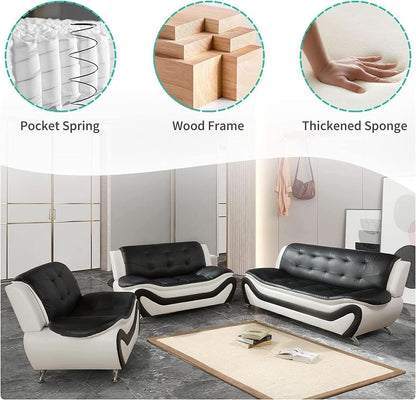 Vegan Leather Sofa Set 3 Piece Living Room Furniture White and Black by ShipItFurniture