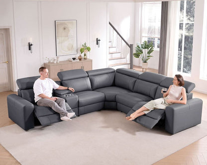 Grey Leather Power Recliner Sofa With Center Console by ShipItFurniture