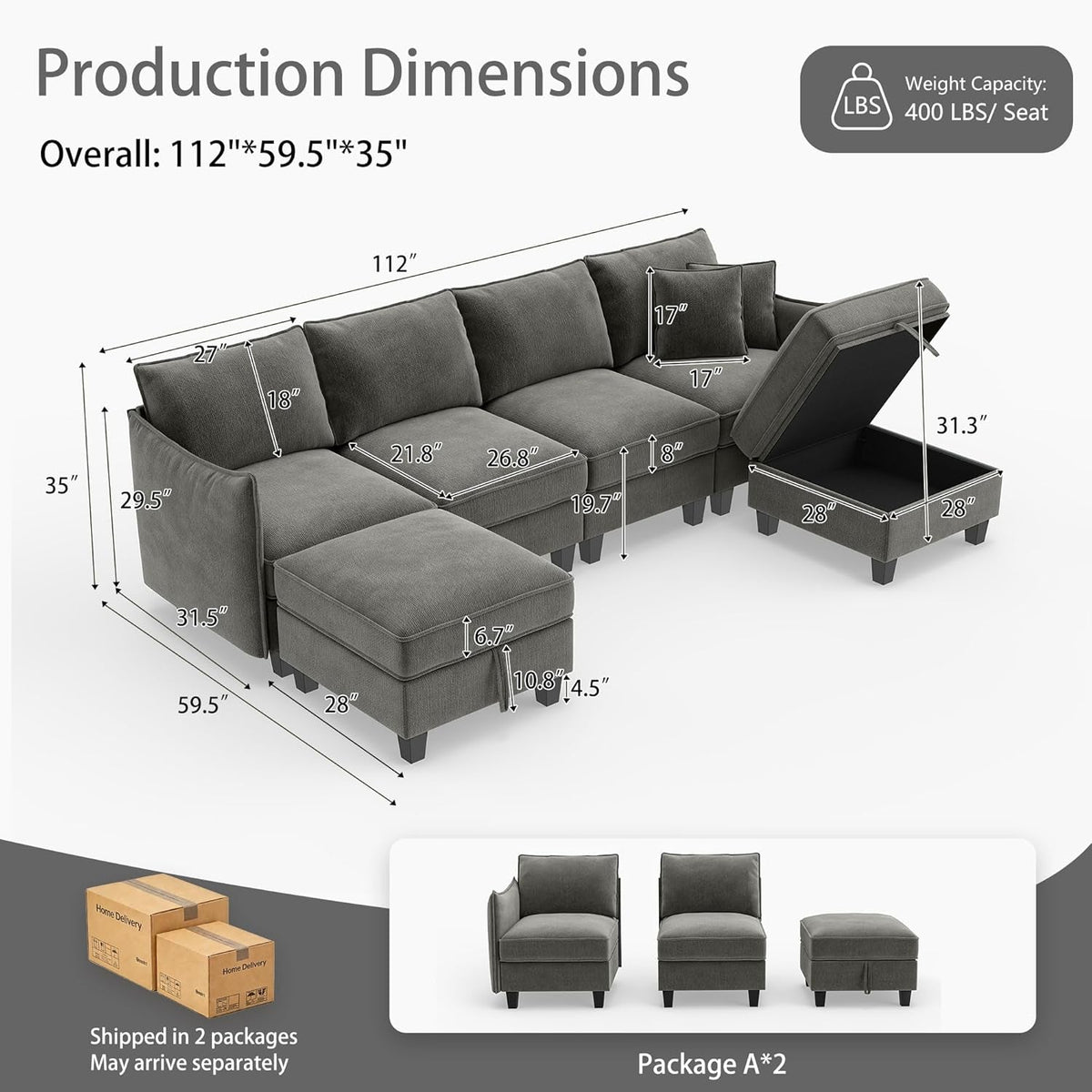 Charcoal Grey Luxurious Modular U Shaped Sectional by ShipItFurniture