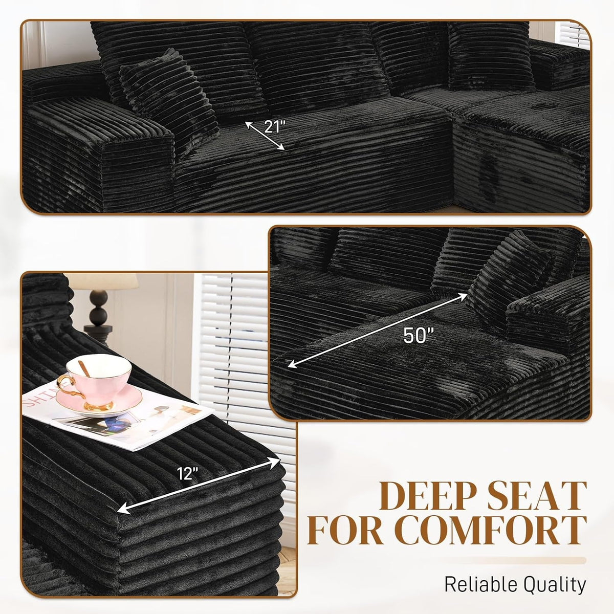 108 Inch Corduroy Left Facing Sectional Sofa Charcoal by ShipItFurniture