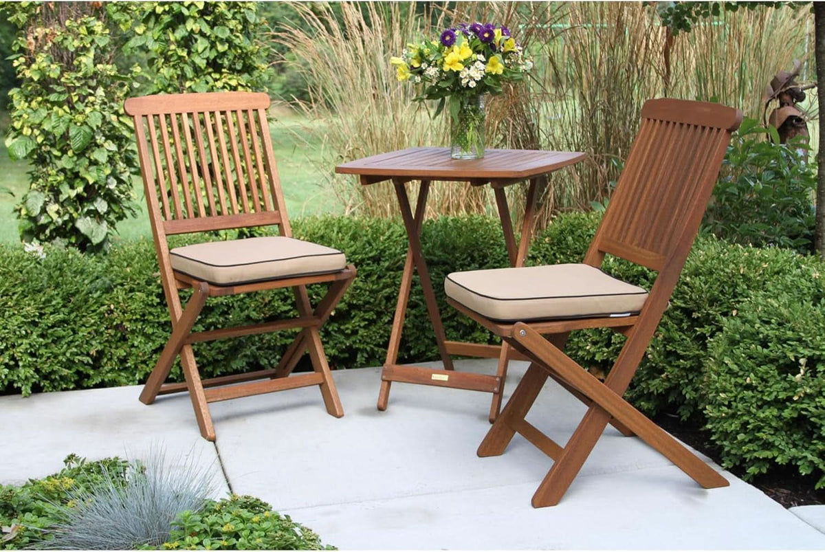 Eucalyptus Wood 3 Piece Foldable Bistro Set Beige Cushions by ShipItFurniture