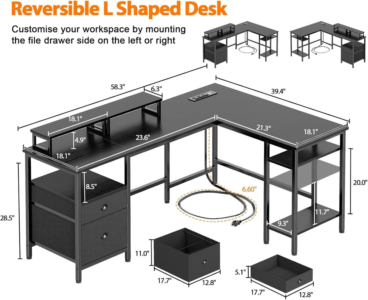 Fifty Nine Inch L Shaped Desk With Black Storage Drawers Unit by ShipItFurniture