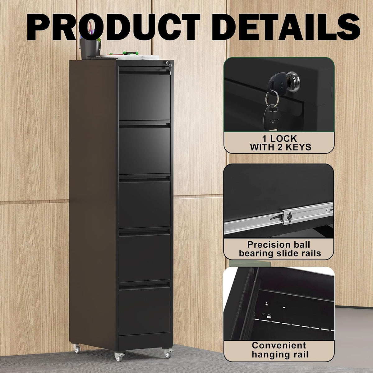 Black 5-Drawer Commercial-Grade Filing Cabinet Lockable by ShipItFurniture