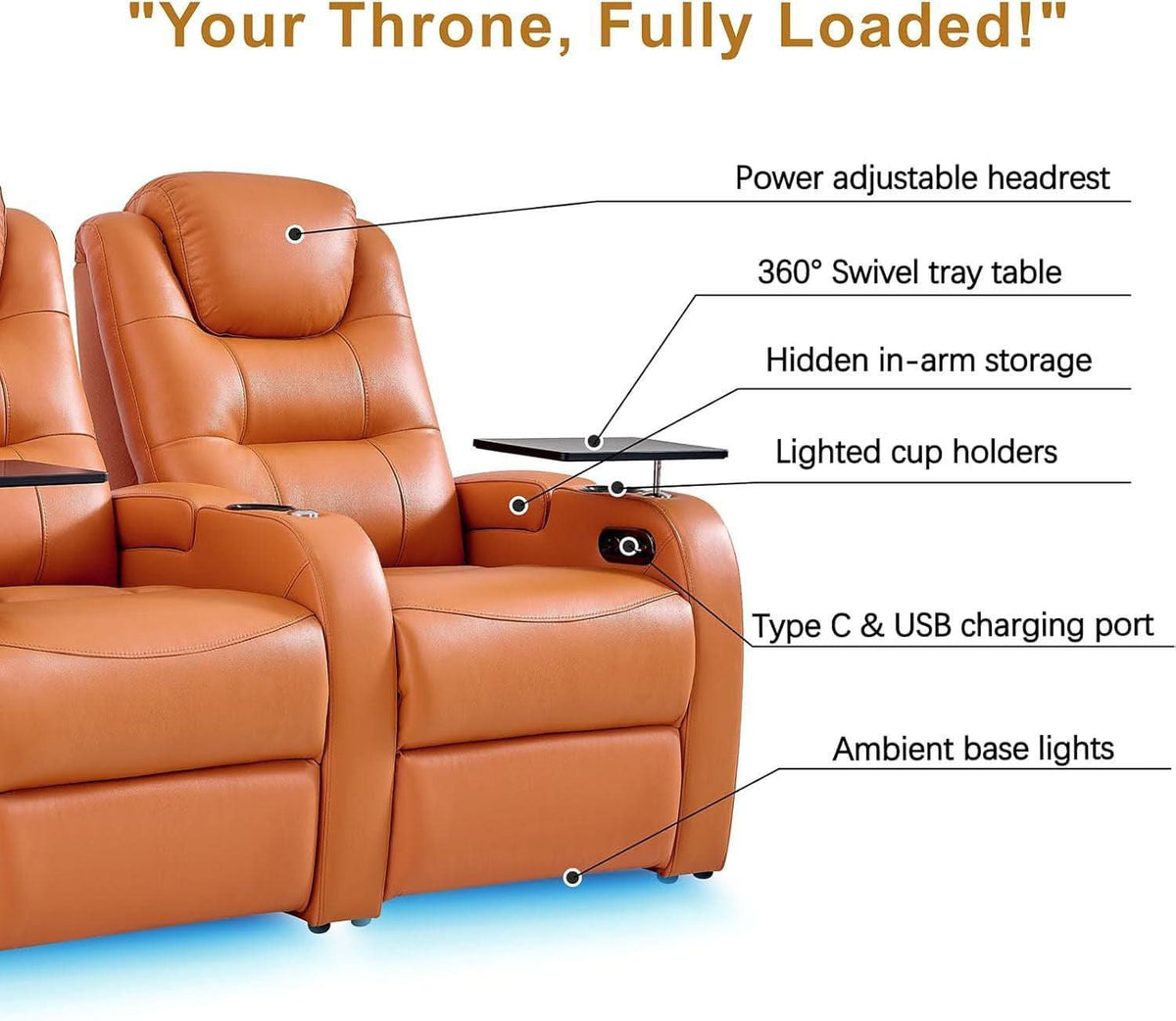 Orange Top Grain Leather Home Theater Seating Row Of Three USB Charger by ShipItFurniture